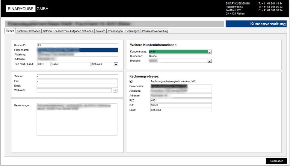 BINARYCUBE GMBH - Rüchligweg 55 - 4125 Riehen – Basel  - Schweiz // Vollumfängliche Informatiklösungen / ERP / CRM / Applikationen / Datenbanken / Konzeptionierung / Gesamt-Koordinationen / Erhaltungsplanung / Ingenieurwesen / Netzwerk / Software-Entwicklung / Schulungen / Projektportfolio / Infrastruktur-Koordination / GIS / Schnittstellen und weiteres